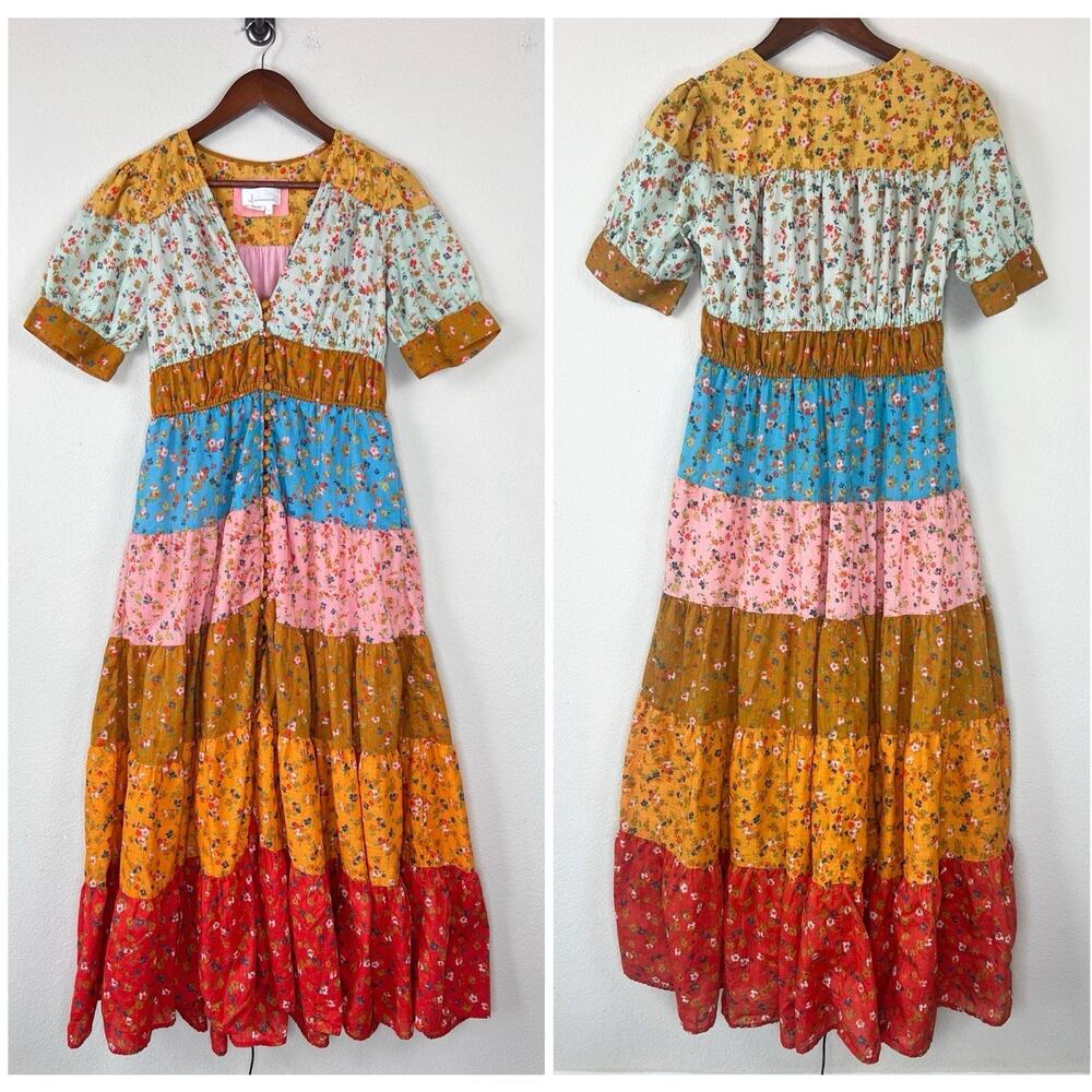 Anthropologie Boho Hippie Cottagecore Size S Floral Patchwork Tiered Maxi Dress - Picture 4 of 10